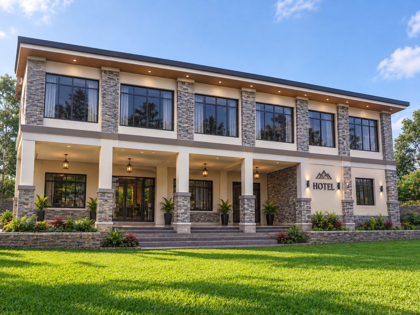 Two-storey building with stone-clad columns and a covered entrance